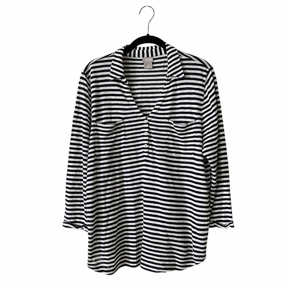 Chicos Linen Top Women's Size L Blue Stripe Henley 3/4 Sleeve Slub Pockets Light - Picture 2 of 6